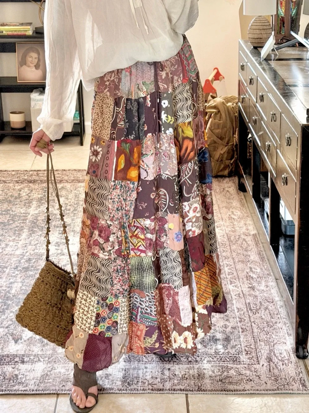 Vintage Patchwork Maxi Skirt Boho Festival Cottagecore Free Size Drawstring‎